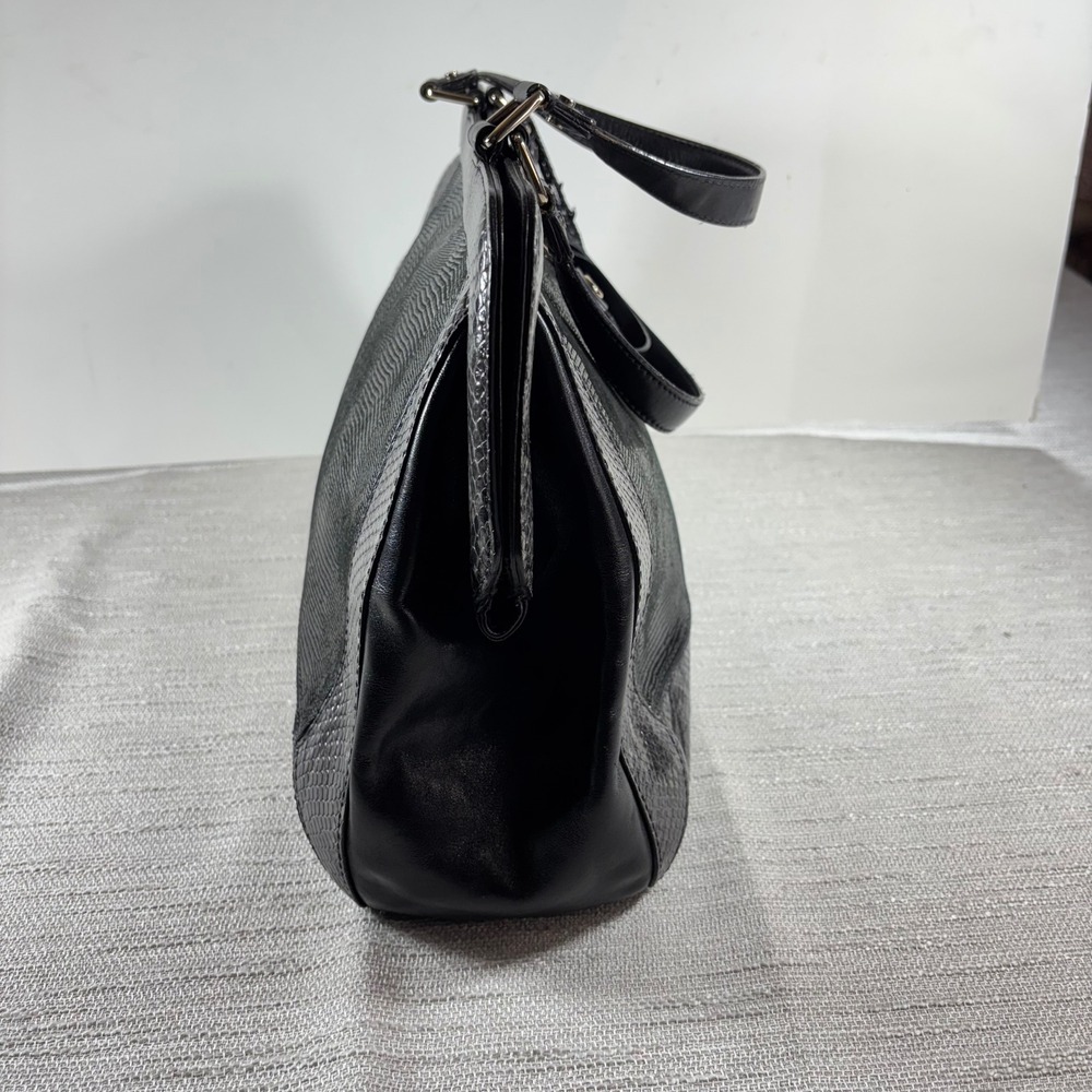 Cole Haan Satchel Shoulder‎ Bag Black Reptile Embossed Leather Designer Handbag - Picture 7 of 16
